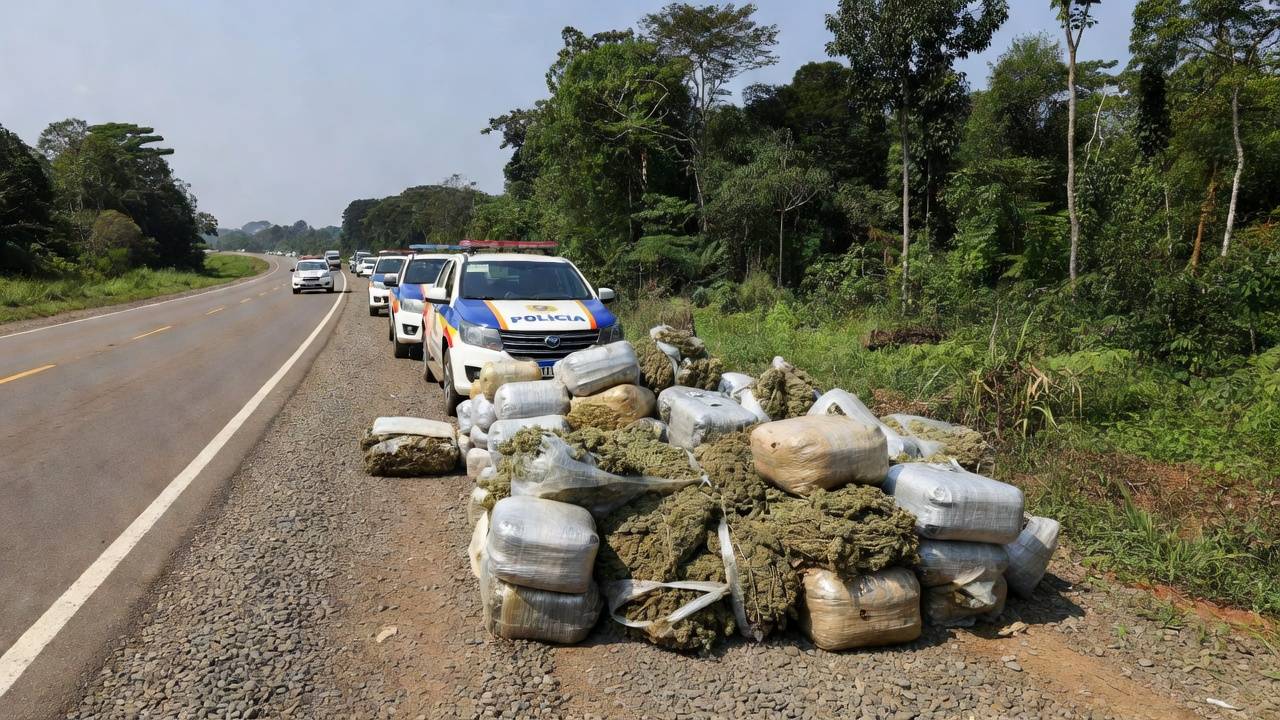 Viaturas da PRF com apreensão de skunk na BR-364 em Vilhena