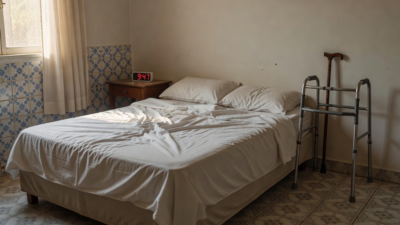 Quarto brasileiro com cama desfeita, relógio e bengala representando risco de mobilidade por sono excessivo