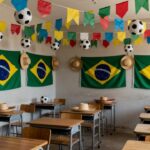 Decoração escolar misturando Copa do Mundo e festas juninas em Porto Velho