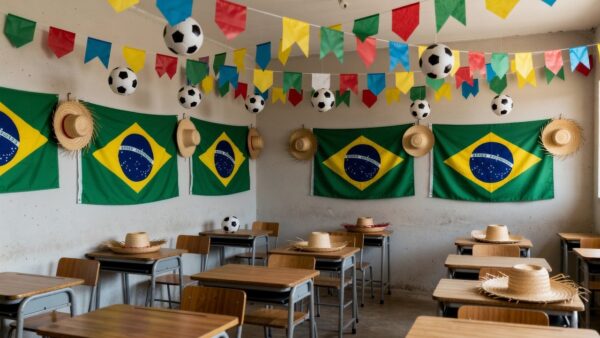 Decoração escolar misturando Copa do Mundo e festas juninas em Porto Velho