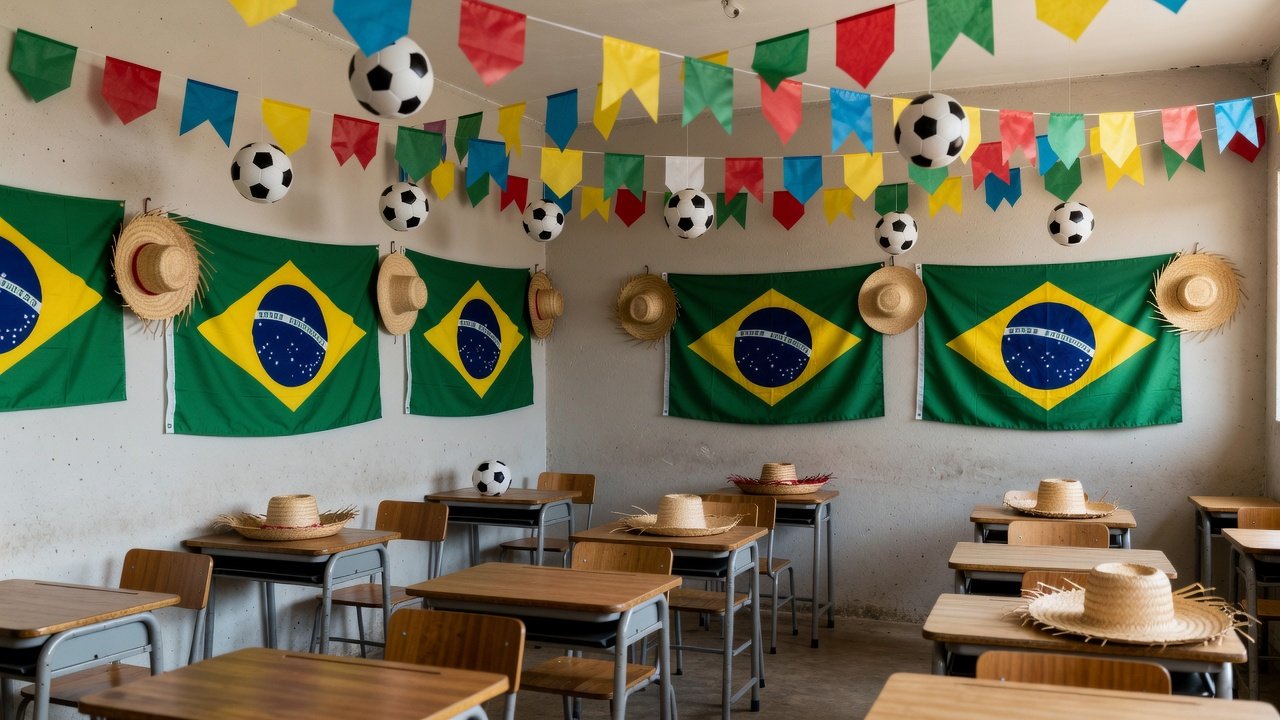 Decoração escolar misturando Copa do Mundo e festas juninas em Porto Velho