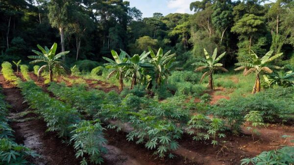 Lavoura de agricultura familiar em Rondônia com mandioca e bananeiras