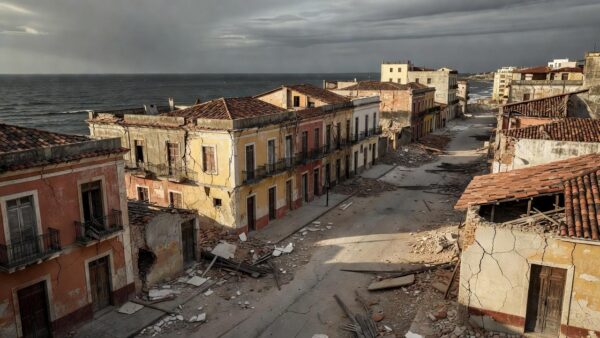 Terremoto em La Guaira, Venezuela, com edifícios danificados na costa