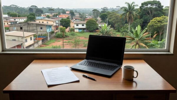Mesa com currículo e notebook para busca de primeiro emprego em Ariquemes