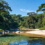 Balneário natural em Ariquemes, Rondônia, com rio e vegetação amazônica