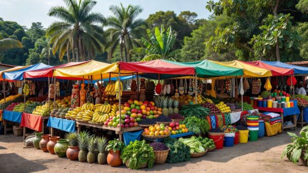 Feira comercial em Ariquemes com barracas de produtos locais