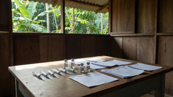 Posto de saúde em Ariquemes com materiais de vacinação e calendário