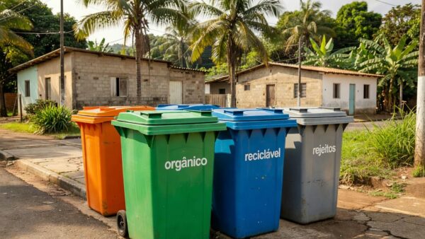 Lixeiras de coleta seletiva de lixo em rua de Ariquemes, Rondônia