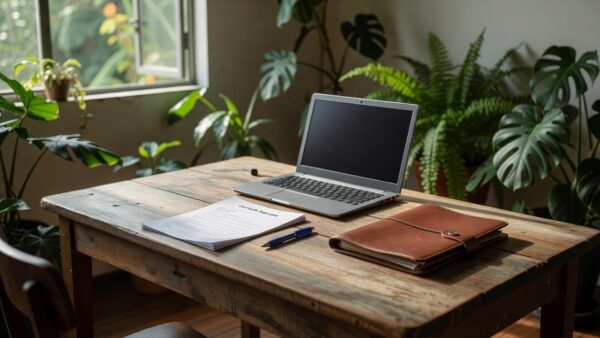 Mesa com currículo e laptop para vagas em Ariquemes