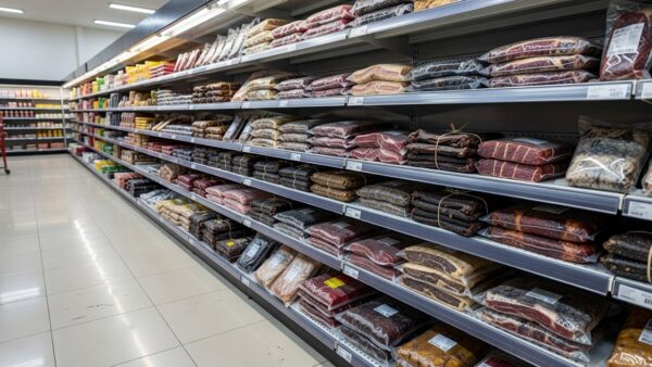 Corredor de supermercado em Porto Velho com charque exposto