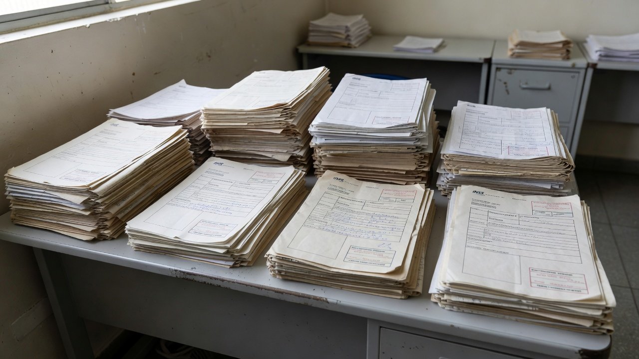 Pilhas de documentos em mesa de agência do INSS representando redução de fila de pedidos
