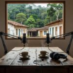 Estúdio de podcast com microfones e elementos culturais de Porto Velho na Amazônia