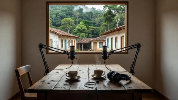 Estúdio de podcast com microfones e elementos culturais de Porto Velho na Amazônia