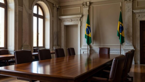 Sala de sessões do Ministério Público de Contas com mesa e bandeiras do Brasil