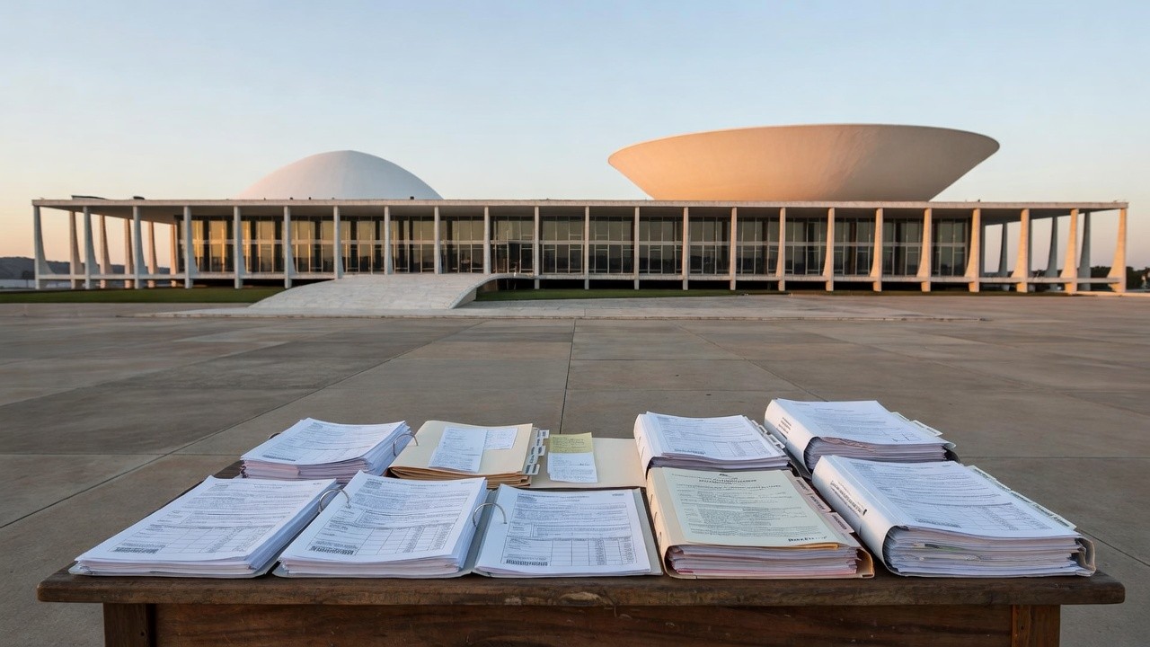 Congresso Nacional em Brasília com documentos fiscais representando reforma tributária