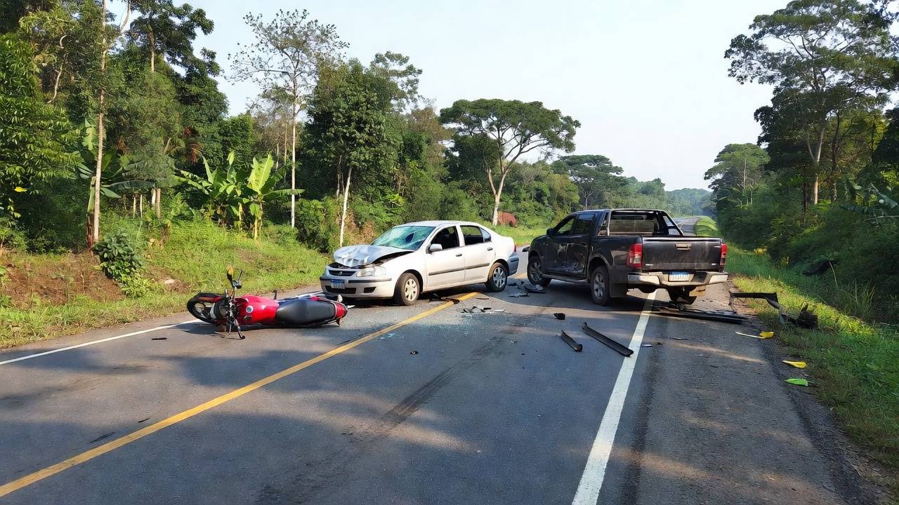 Colisão entre três veículos na rodovia RO-370 em Rondônia