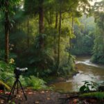 Oficina de Fotografia Amazônia em Foco na floresta amazônica com câmera em tripé
