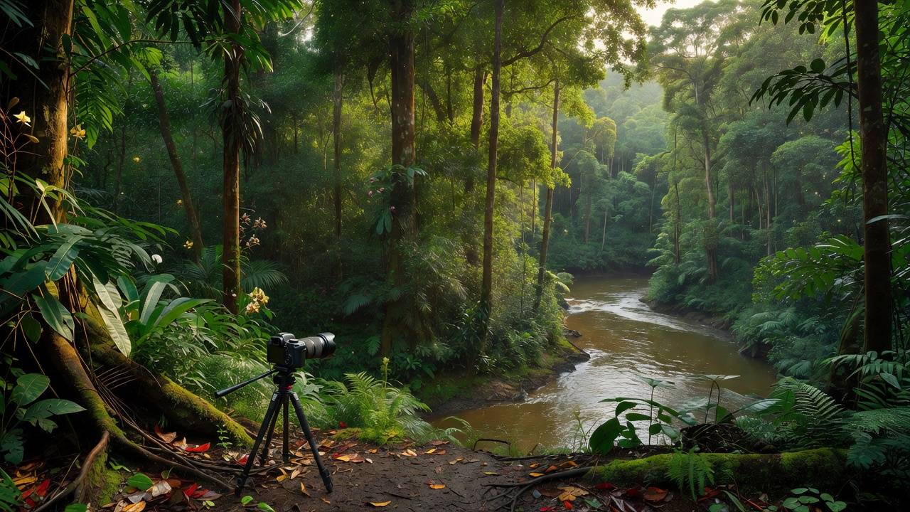 Oficina de Fotografia Amazônia em Foco na floresta amazônica com câmera em tripé