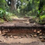 Sítio arqueológico em Porto Velho com escavações revelando ocupação pré-colonial