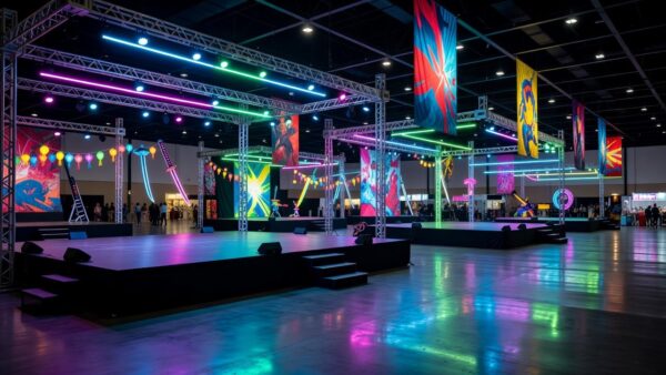 Salão de convenção Anime Friends em São Paulo com decoração temática de anime