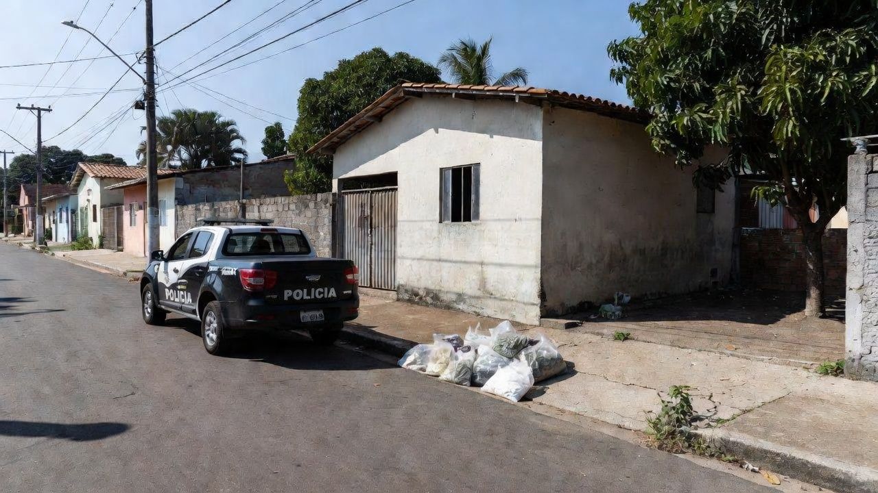 Viatura da Polícia Militar e drogas apreendidas em casa no bairro Pantanal