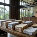 Prédio do Tribunal de Justiça de Rondônia com pilhas de processos representando gastos do Poder Judiciário