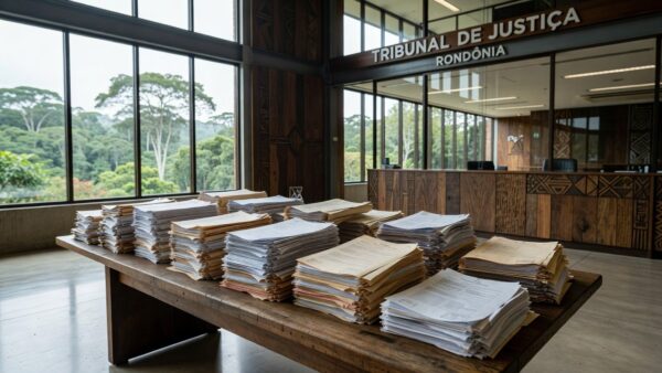 Prédio do Tribunal de Justiça de Rondônia com pilhas de processos representando gastos do Poder Judiciário