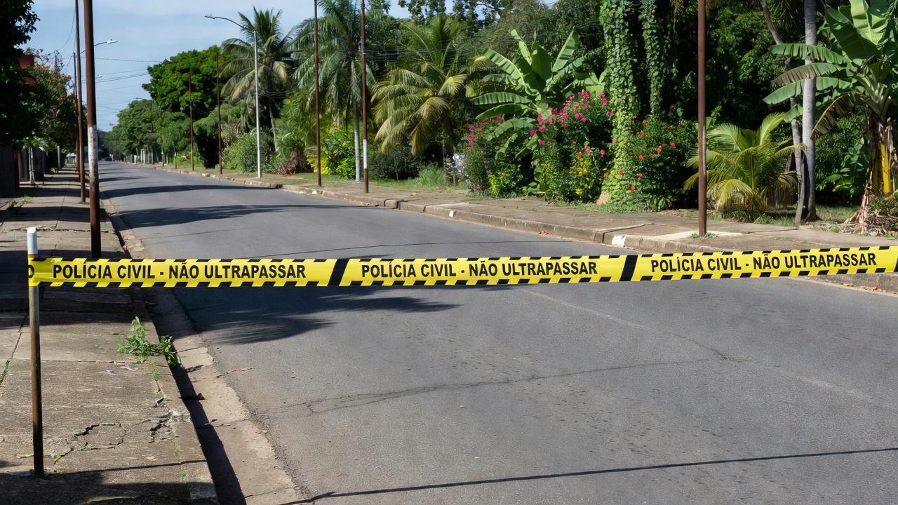Via pública em Porto Velho com fita policial após tiroteio