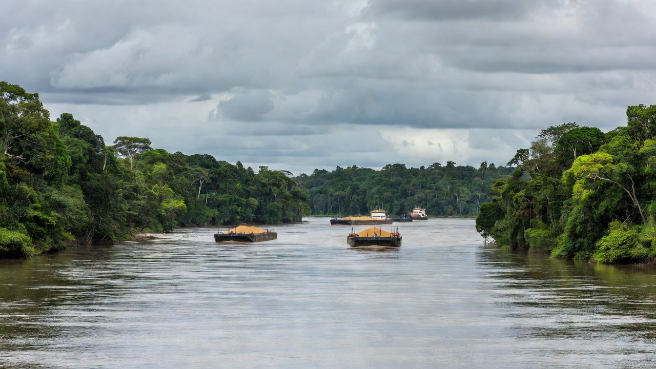 Hidrovia do Rio Madeira com barcaças transportando soja em Rondônia
