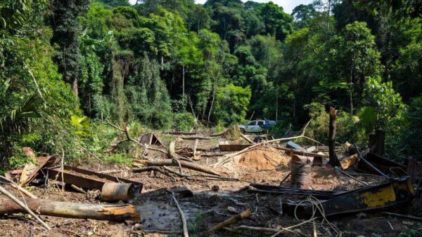 Viatura da Polícia Federal em área de extração ilegal de madeira e minérios em terra indígena de Rondônia