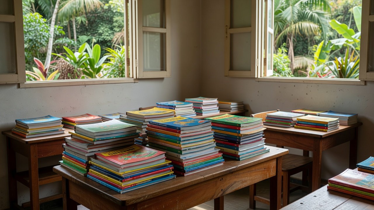 Livros didáticos distribuídos em escola de Ariquemes para incentivar a leitura