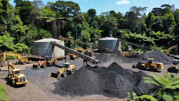 Usina de asfalto em Alta Floresta d'Oeste, Rondônia, com equipamentos industriais e vegetação amazônica