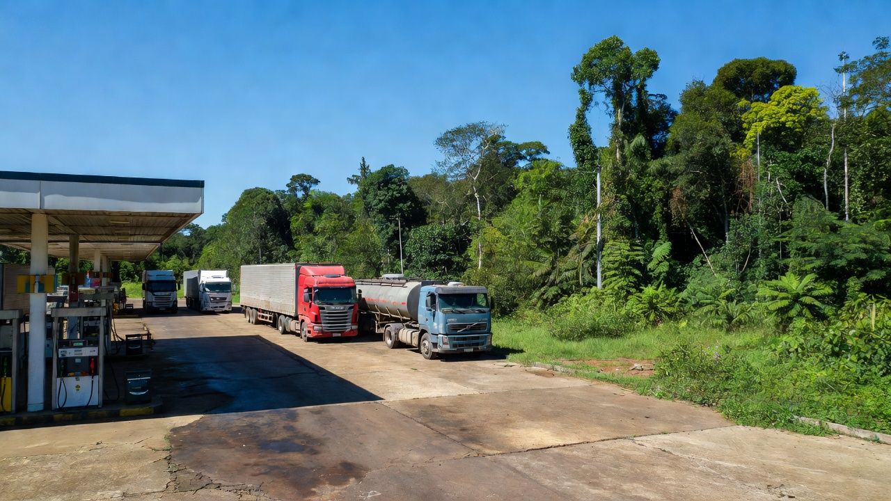 Posto de gasolina na BR-364 em Ariquemes, Rondônia, com caminhões