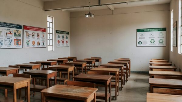 Sala de aula em Buritis com materiais sobre segurança e meio ambiente