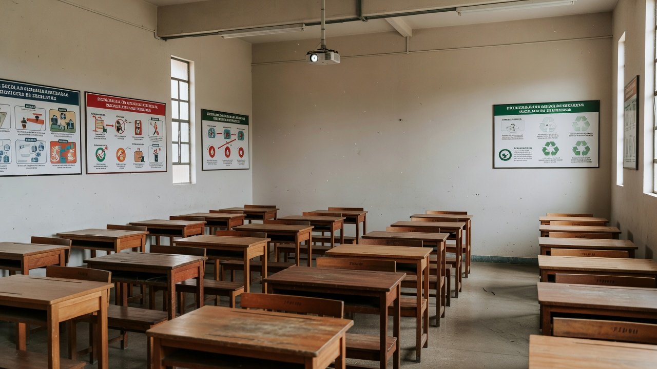 Sala de aula em Buritis com materiais sobre segurança e meio ambiente