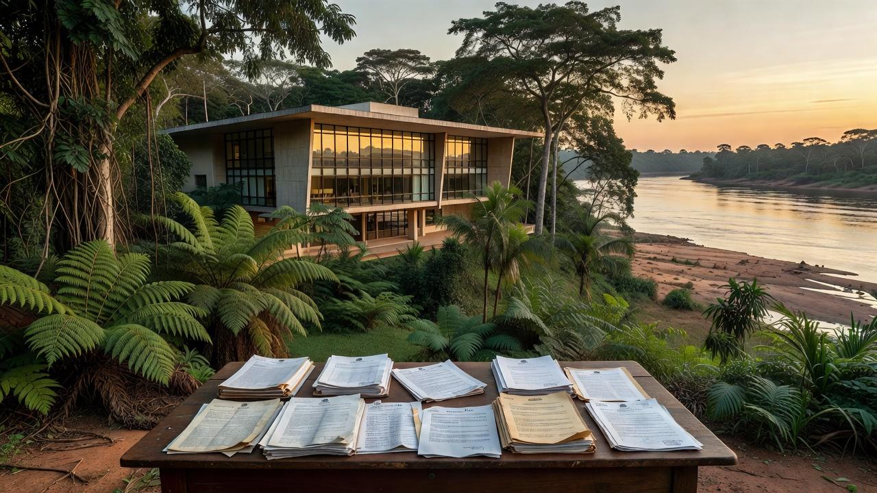 Prédio do MPF em Rondônia com documentos da Lei Aldir Blanc e floresta amazônica ao fundo
