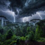 Tempestade com raios e nuvens sobre floresta em Rondônia