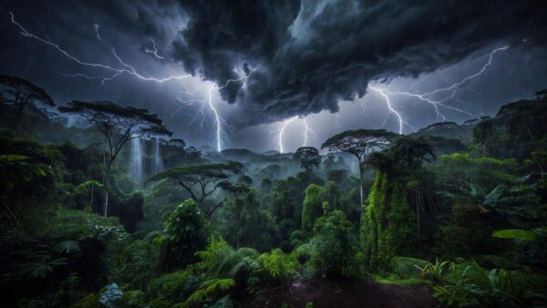 Tempestade com raios e nuvens sobre floresta em Rondônia