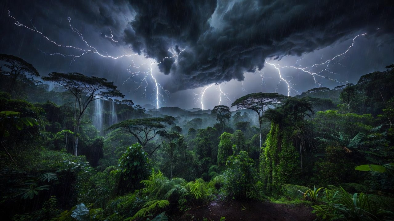 Tempestade com raios e nuvens sobre floresta em Rondônia