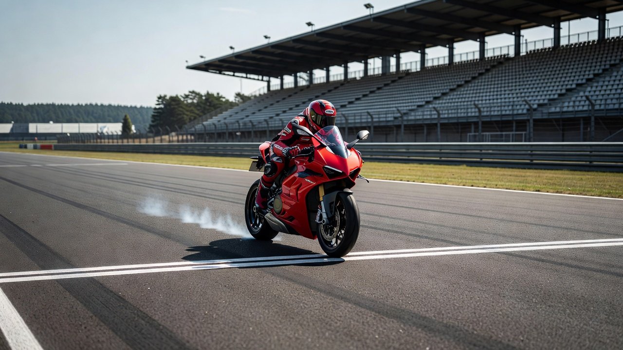 Motocicleta Ducati cruzando linha de chegada em vitória no MotoGP na Alemanha