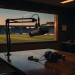 Estúdio de rádio esportivo vazio com microfone profissional