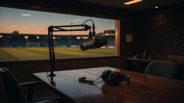 Estúdio de rádio esportivo vazio com microfone profissional