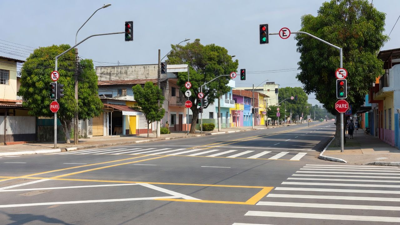 Nova sinalização viária no centro de Porto Velho reforçando segurança no trânsito.