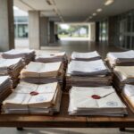 Documentos contratuais em mesa de câmara municipal após Operação Reduto