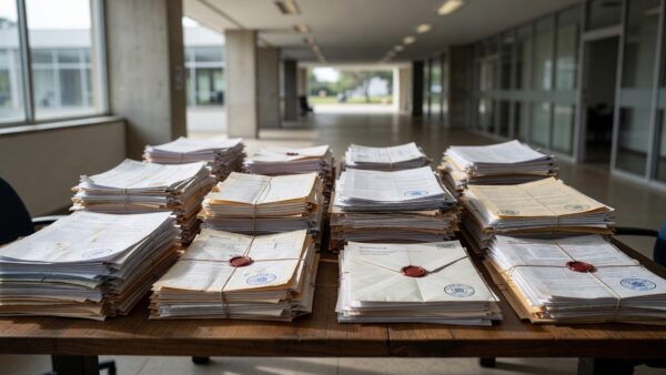 Documentos contratuais em mesa de câmara municipal após Operação Reduto