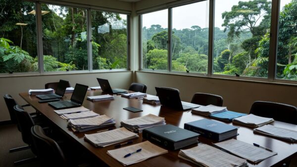 Sala de reuniões do TCE-RO com documentos sobre contas do Estado de Rondônia