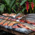 Tambaquis e pirarucus frescos em mercado de peixes no Brasil