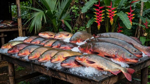 Tambaquis e pirarucus frescos em mercado de peixes no Brasil