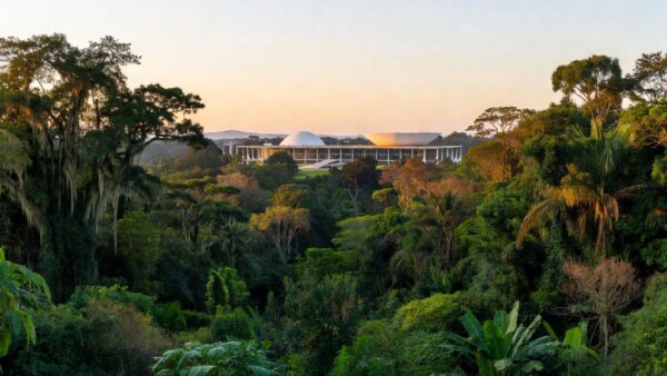 Congresso Nacional com vegetação amazônica de Rondônia simbolizando candidatura ao Senado