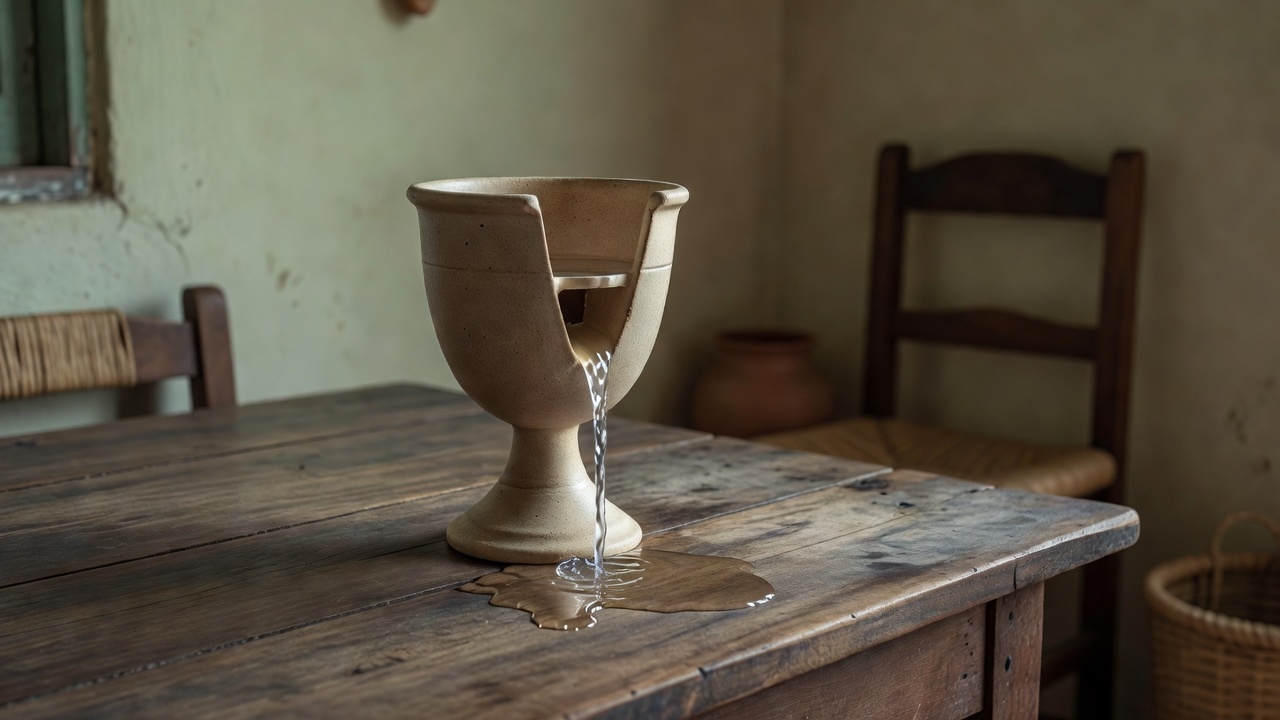 Taça de Pitágoras grega antiga com mecanismo que esvazia ao detectar excesso